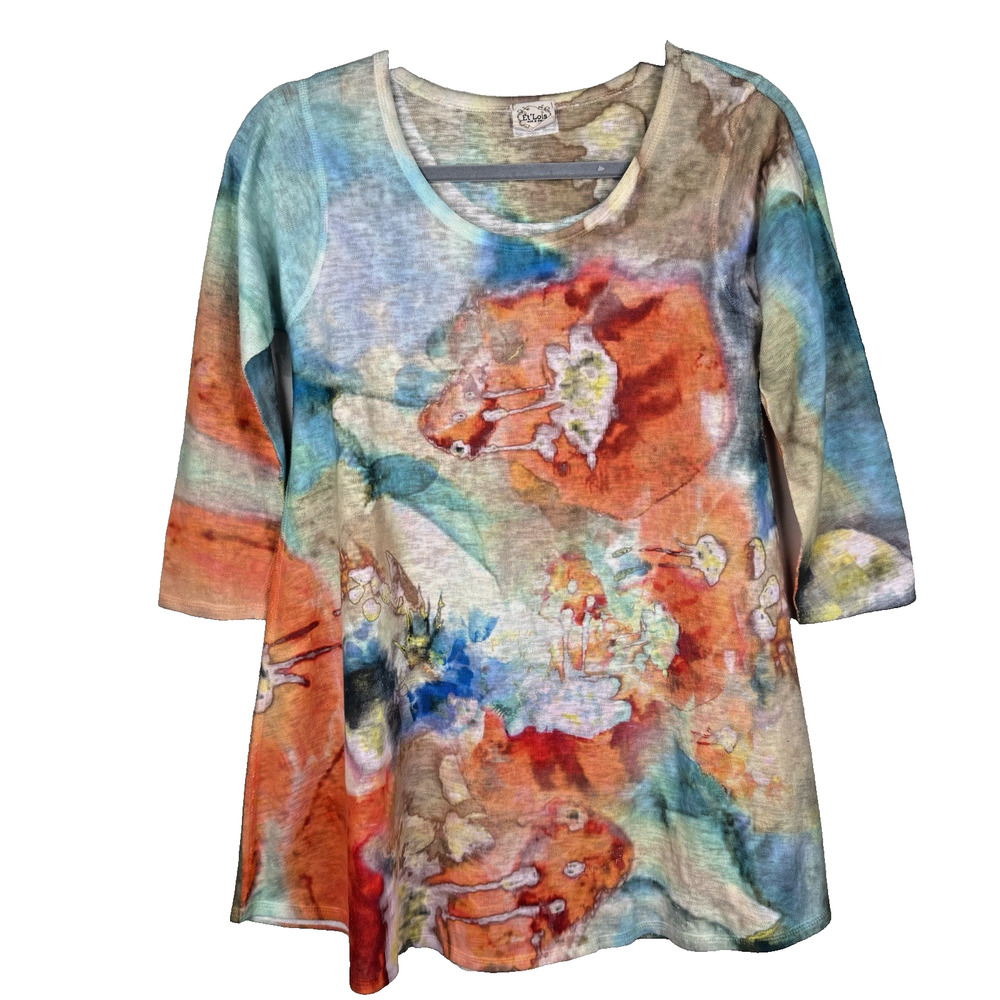 Et’ Lois Abstract Print Tunic Top Size XS Colorful Watercolor Boho Artsy USA